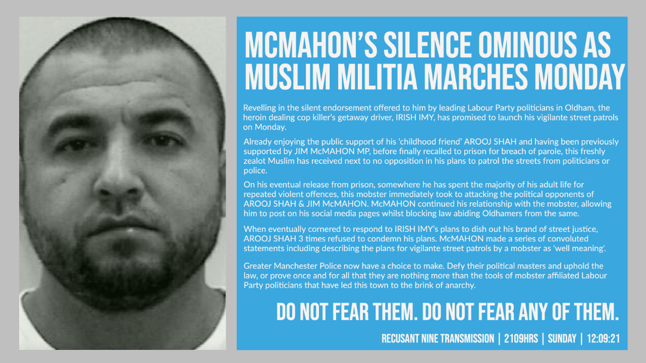 McMahon’s Silence Ominous as Muslim Militia Marches Monday